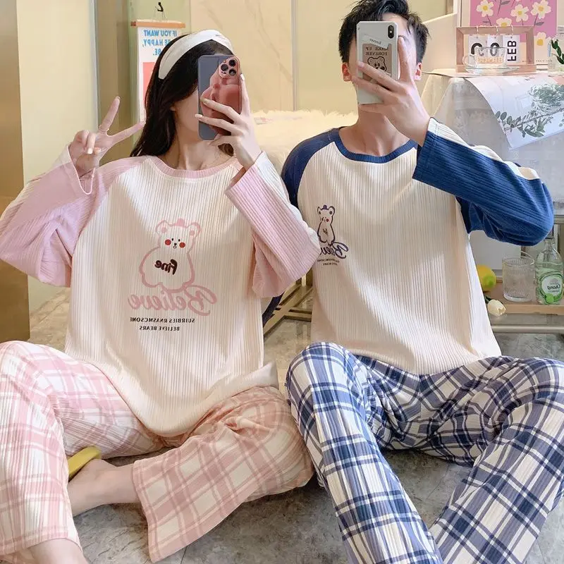 2023 100% cotton couple pajamas women's autumn and winter long-sleeved men's winter two sets can be worn as household clothes