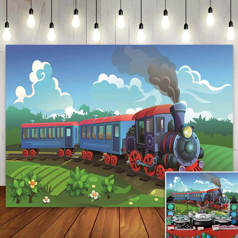 

Stream Train Theme Backdrop for Photography Background Kids 1st 2nd 3rd Birthday Party Decor Cake Table Banner Poster Vinyl 7x5