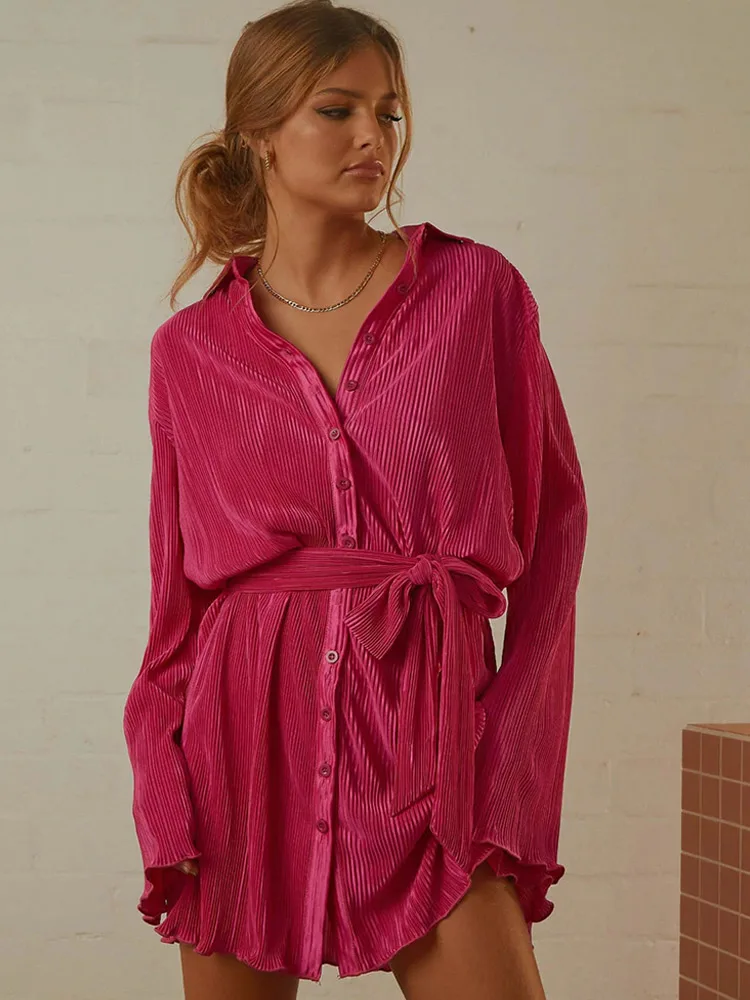 

High Street Pleated Shirt Dresses Woman Lapel Removable Belt Lace Up Summer Dress Mini Trend 2022 Straight Dress Femme Lady