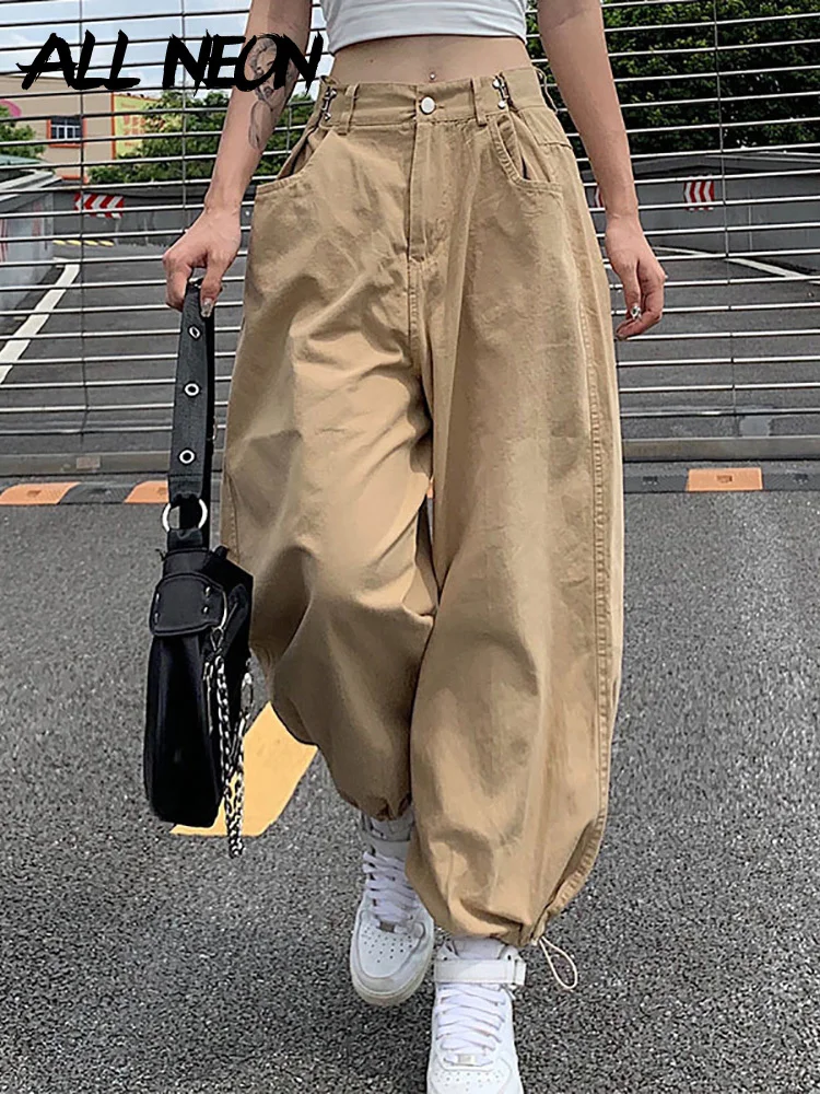 

ALLNeon Y2K Fashion Khaki Oversized Cargo Pants Hip Hop Style Loosed Adjustable Waist Drawstring Long Pant Streetwear 90s Autumn