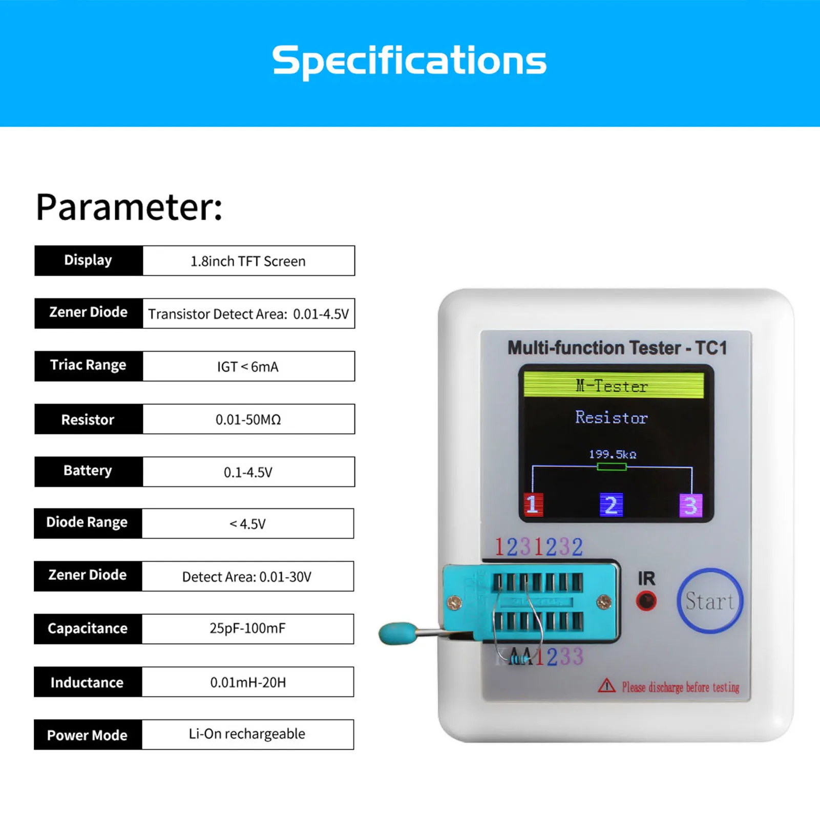 LCR-TC1 1.8&quot TFT LCD Display Multimeter Transistor Tester Diode Triode Capacitor Resistor Detector MOSFET NPN PNP Triac MOS - купить по