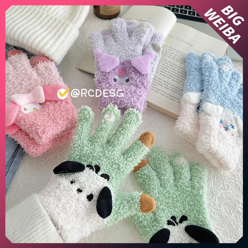 

Новинка 2023, милые плюшевые перчатки с пятью пальцами Sanrios Kuromi My Melody Cinnamoroll, теплые мягкие милые варежки с полными пальцами для сенсорного экрана