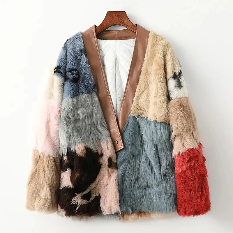 FANIECES 100% Real Lamb Fur Coat Women Winter Jacket Warm Streetwear Contrast V-Neck Fur Coat Natural Fox Fur Collar Overcoat