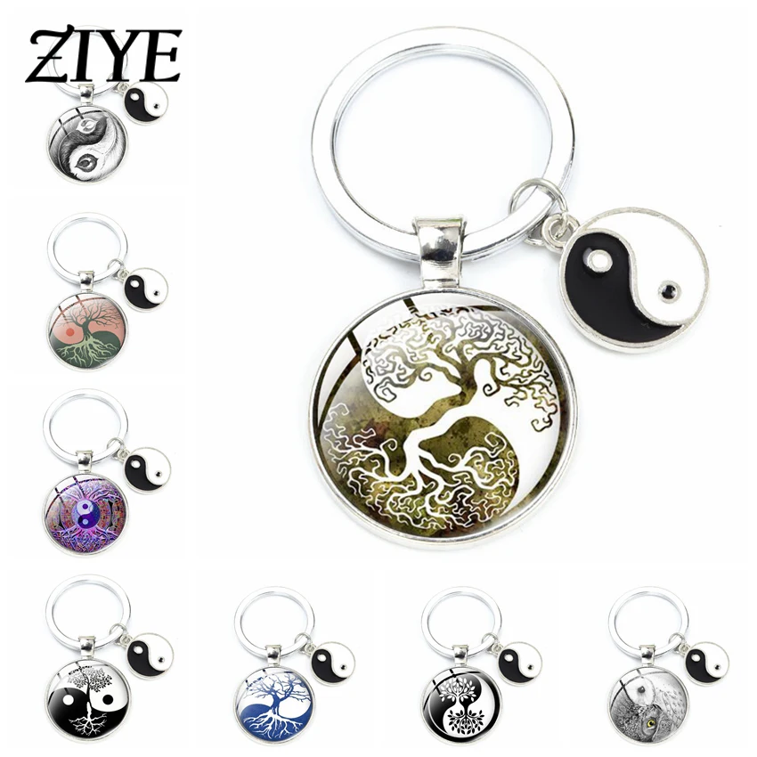 

Black White Yin Yang Life Tree Symbol Keychain Black White Enamel Charms Glass Dome Pendant Keyrings Chinese Style Bagua Jewelry