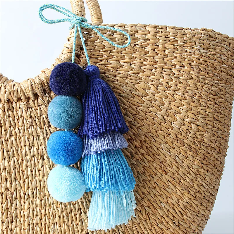 

Straw Bag Charm Tassel Keychain Boho Thread Bright + Colorful Beach Pompom Key Chain for Women Girl Christmas Tree Ornament KY-3