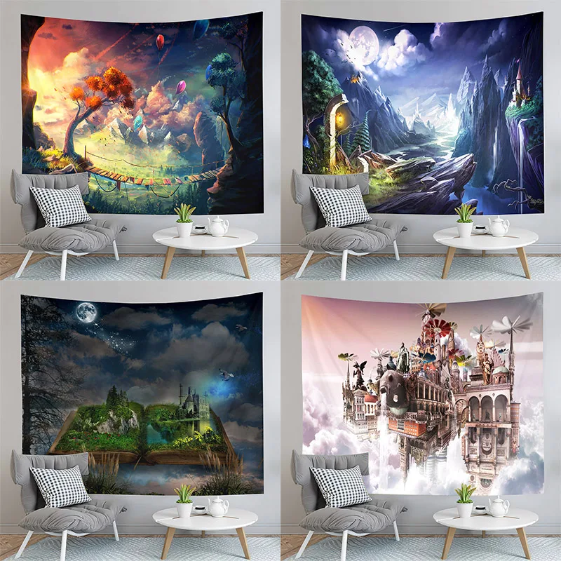 

Fairy Tale World Tapestry Magic Castle Tapestry Mountain River Tapestry Living Room Bedroom Wall Tapestry Can Be Customized