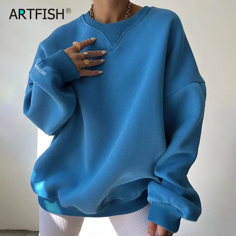 

Свободные вязаные женские толстовки 2022, топы с длинным рукавом, свитер с круглым вырезом, синие пуловеры, теплая Осенняя женская уличная оде...