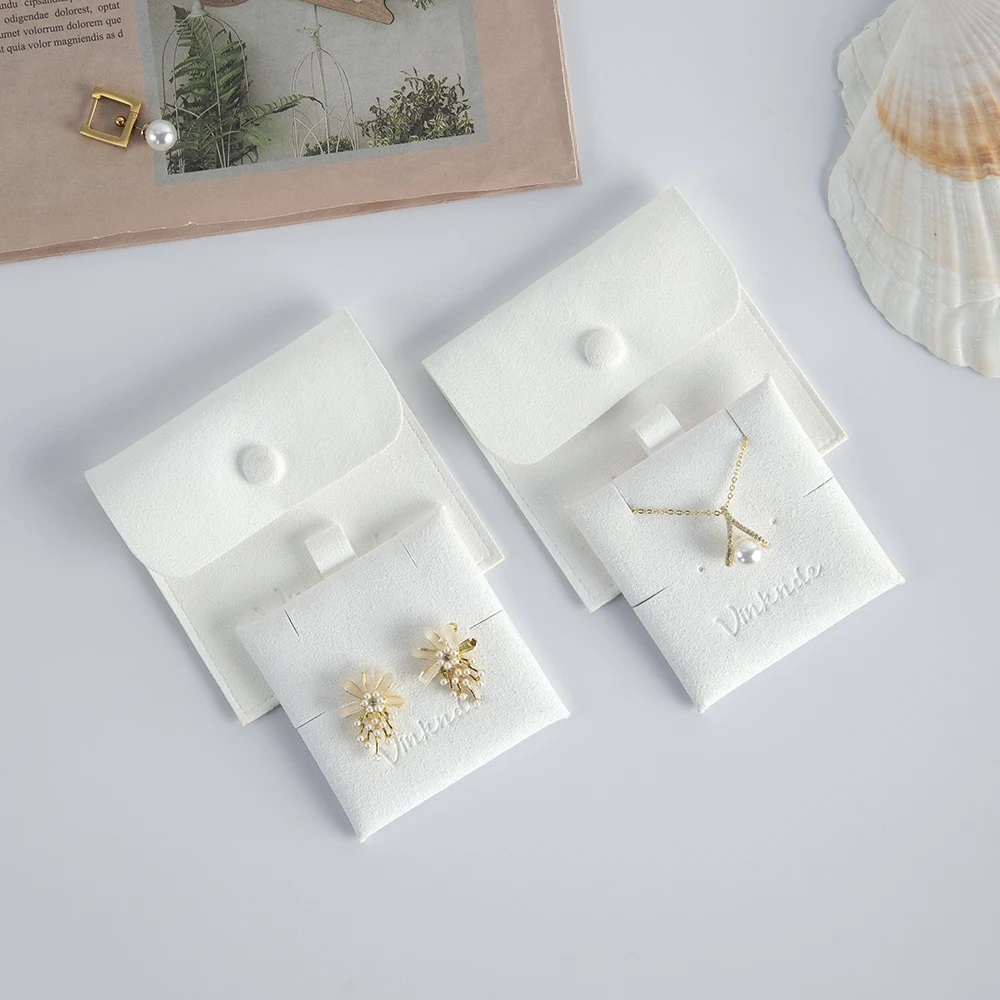 Custom Logo Bulk Snap Ivory Suede Jewelry Earring Pouch With insert Pad Cards Microfiber Jewellry Necklace Earring Pouches Bags