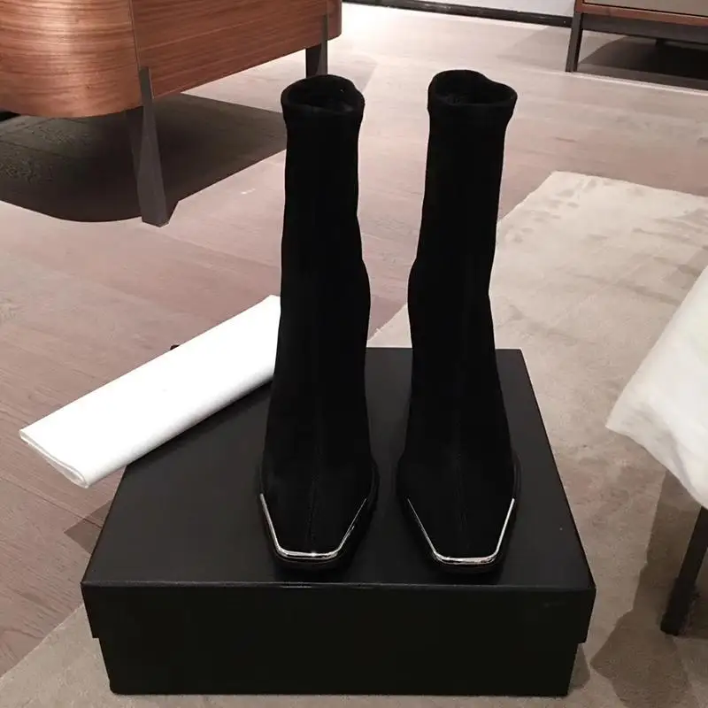 Elastic Suede High Heel Short Boots Women plus Velvet 2022 Autumn and Winter New Fashion Square Toe Chunky Heel Knight Shoes