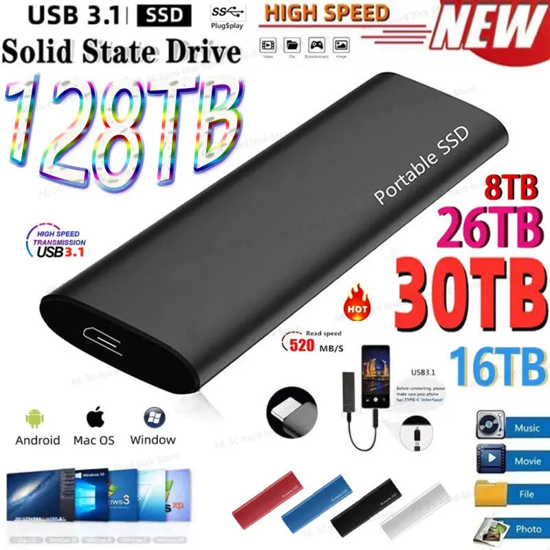 

New 1TB M.2 SSD 128TB 64TB 32TB 8TB Type-C 1TB External Hard Drive Usb 3.1 Mobile Solid State Hard Disks for Notebook Laptop/mac