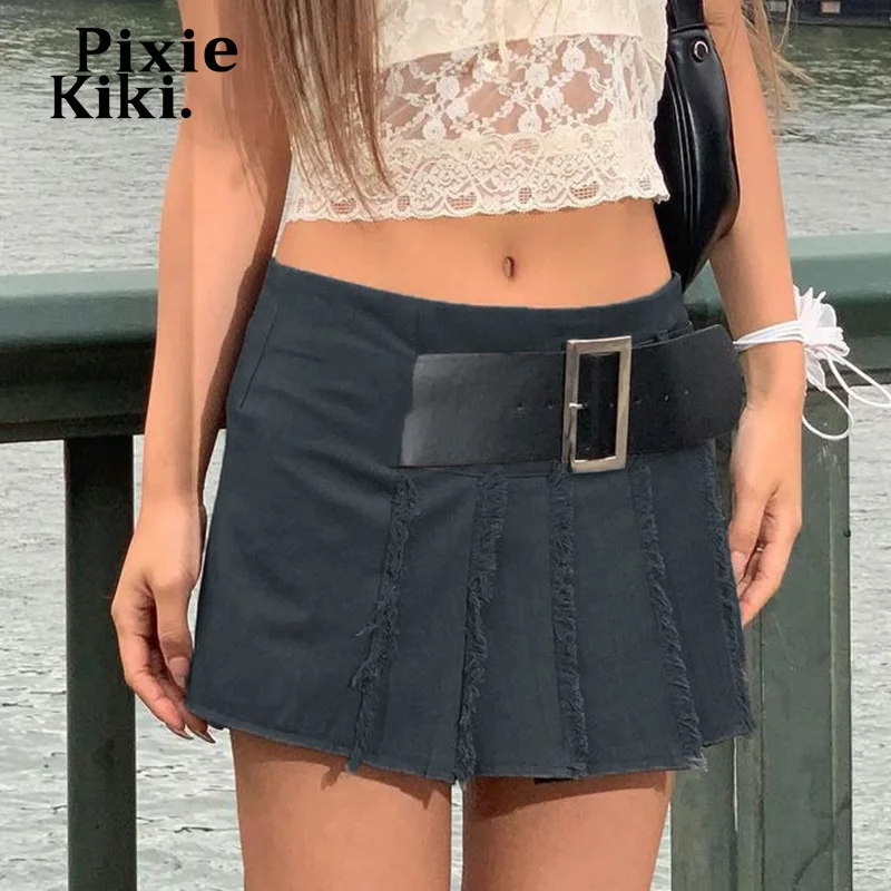 

PixieKiki Irregular Belt Pleated Skirt Y2k Clothing Grey Low Waist Mini Skirts for Woman Japanese Streetwear P77-DC13