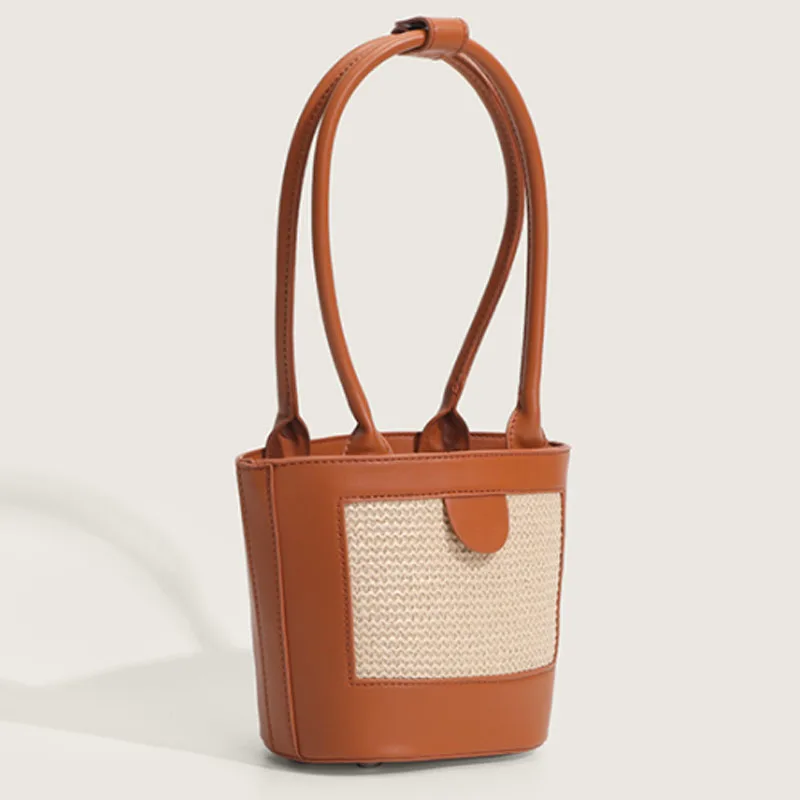 

2022 Summer New Design Straw Woven Contrast Bucket Bag Vintage Hand Carry Shoulder Bag Armpit Bag