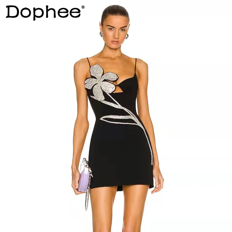 

Black Camisole Diamond Slim Fit Black Hip-Wrapped Mini Dresses Women 2022 Summer New Sexy Party Bandage Dress Female Strap Dress