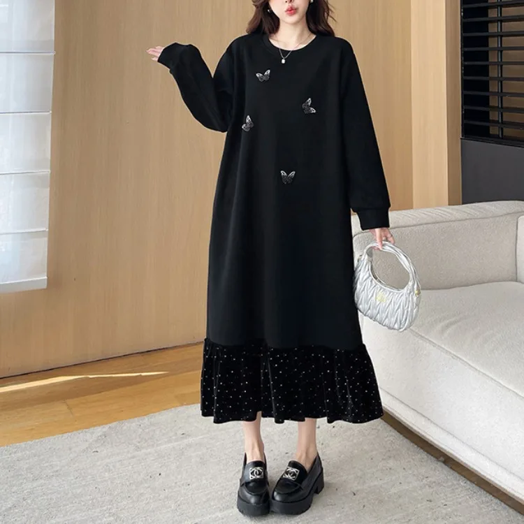 Плюс размер Черная внутренняя одежда Верхняя Свитер с круглым вырезом Платье