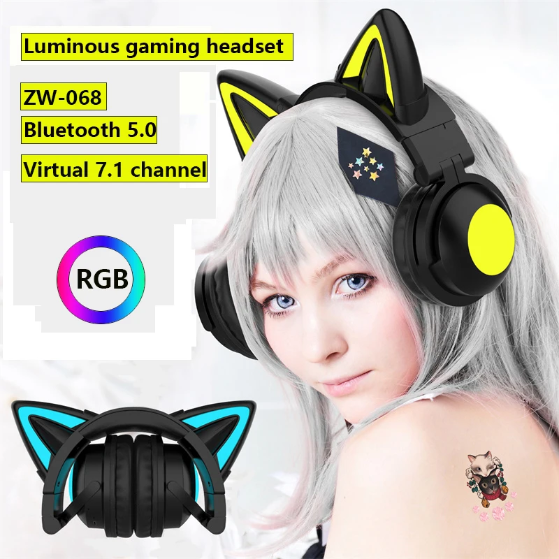 GAINBANG Cat Ear Wireless Bluetooth Headphone 7.1 Channel Stereo Music Game Earphone With Bilateral Mic Noise Reduction Headsets |