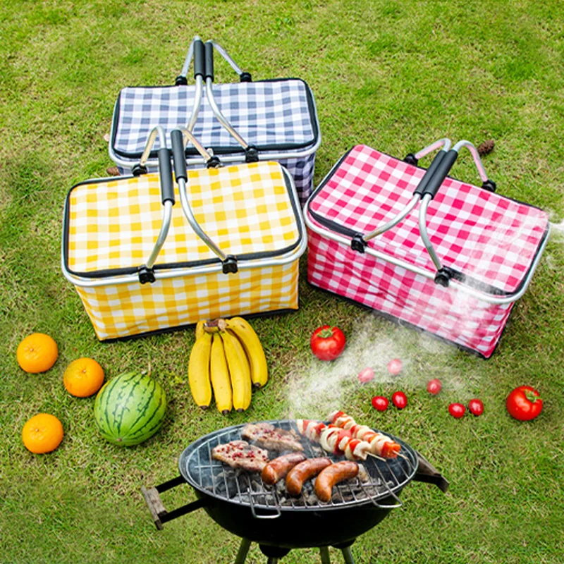 

43x23.5x23cm Picnic Bags Heat Preservation Foldable Picnic Basket Oxford Fabric & Aluminum Frame Baskets Fruit Snacks