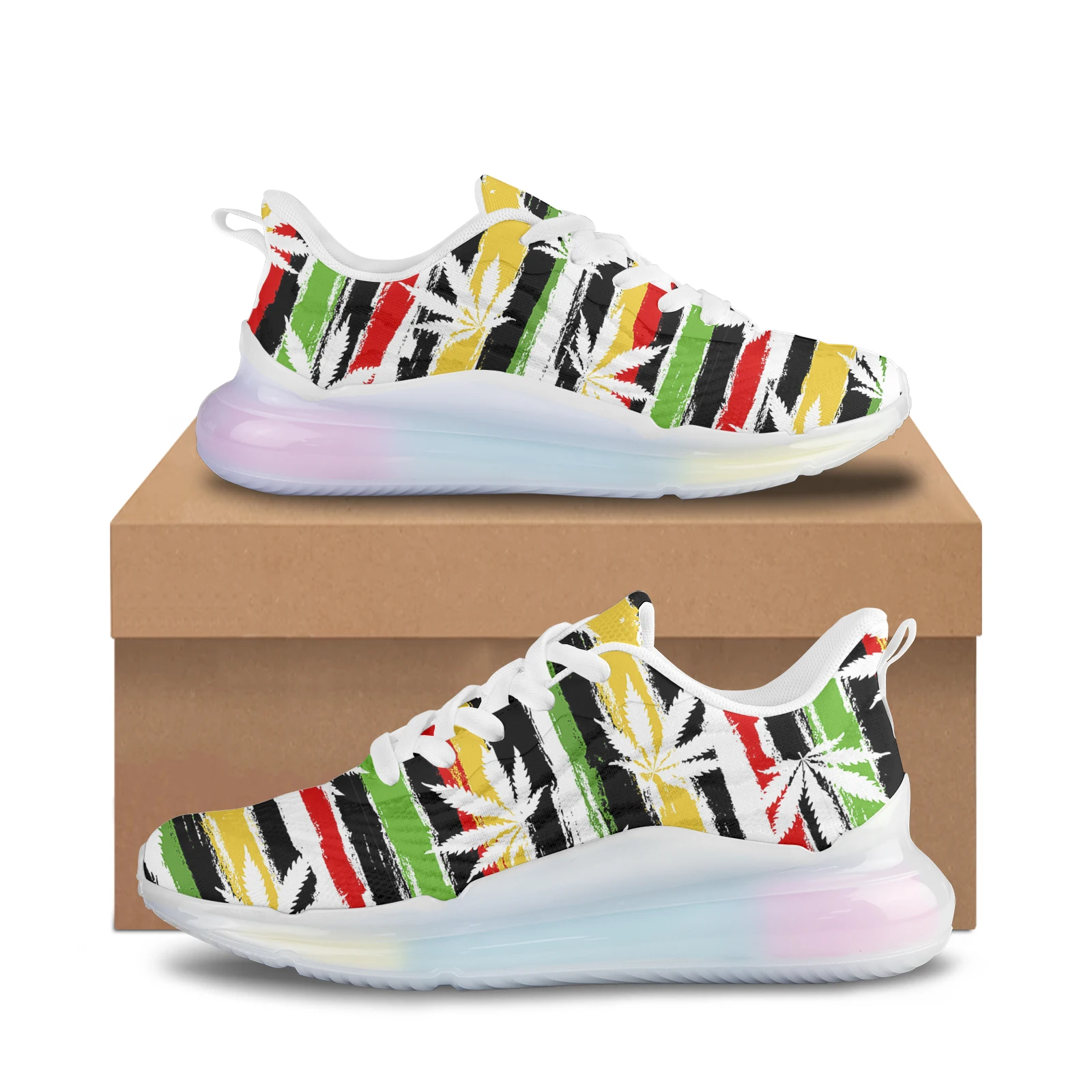 

Stripe Graffiti Gradient Weed Leaves Printed Mesh Breathable Outdoor Sport Sneakers Ainbow Gradient Color Thick Sneakers Zapatos