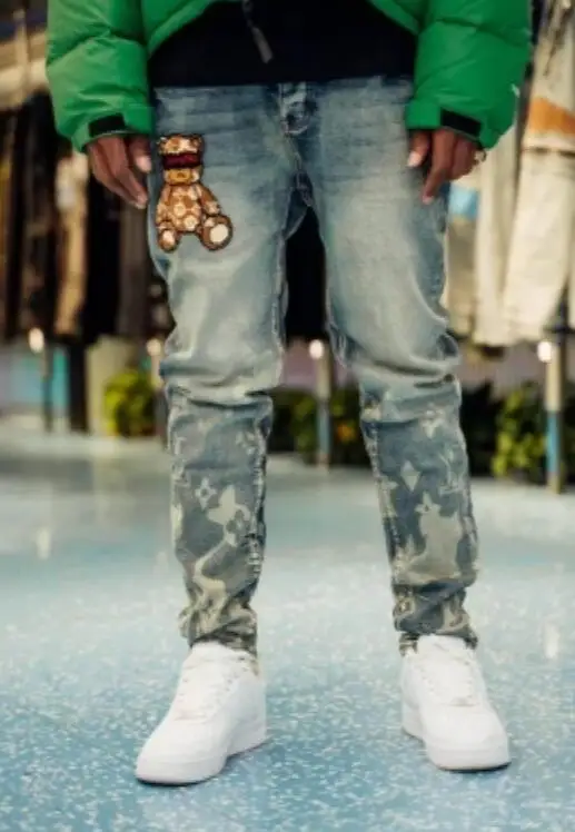 

Модные мужские джинсы с медведем, потертые брендовые дизайнерские мужские рваные облегающие джинсы в стиле хип-хоп, потертые обтягивающие брюки