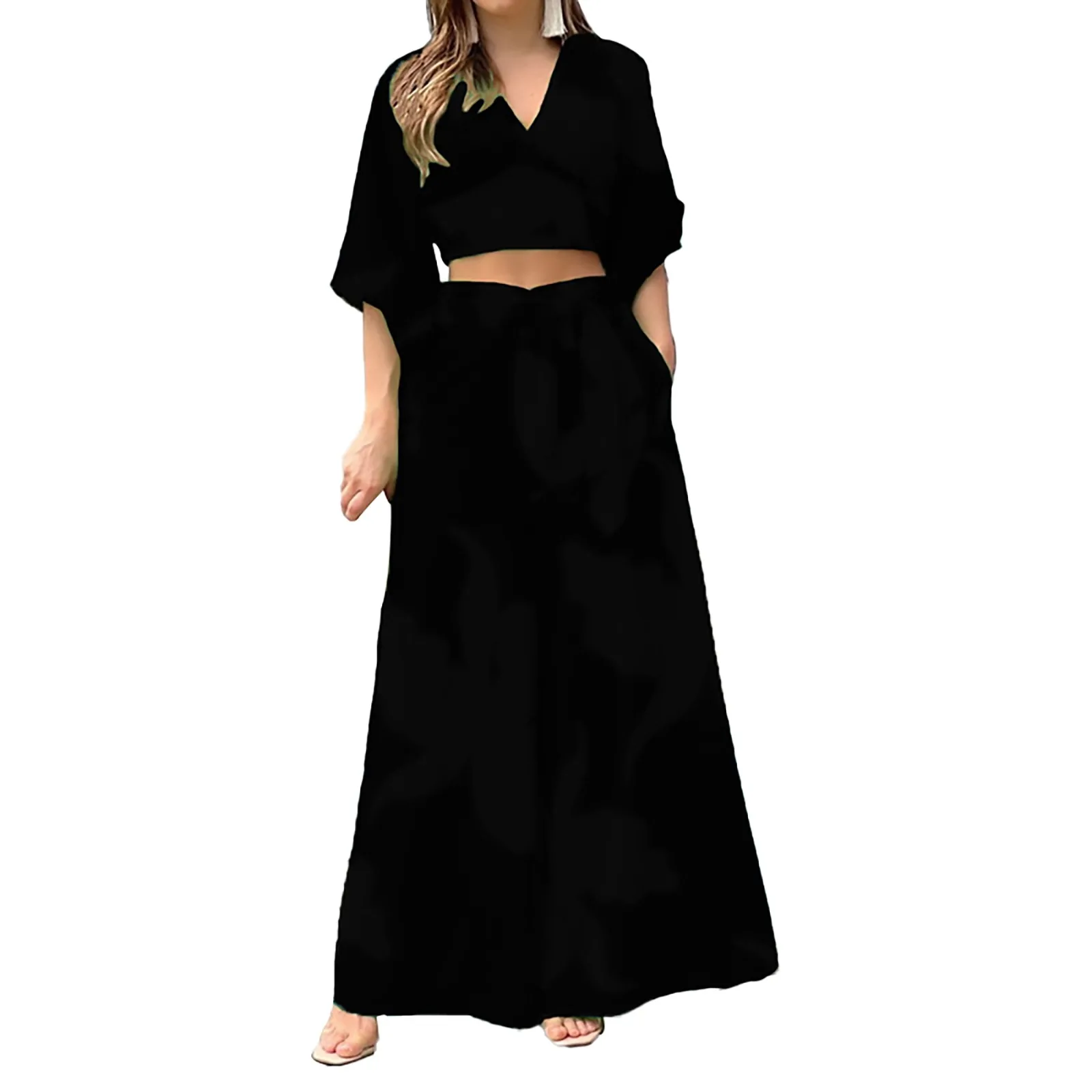 

Женский весенне-осенний костюм из двух предметов, новый костюм для отдыха с принтом и V-образным вырезом, короткий топ с рукавами-фонариками, широкие брюки с высокой талией, 2023