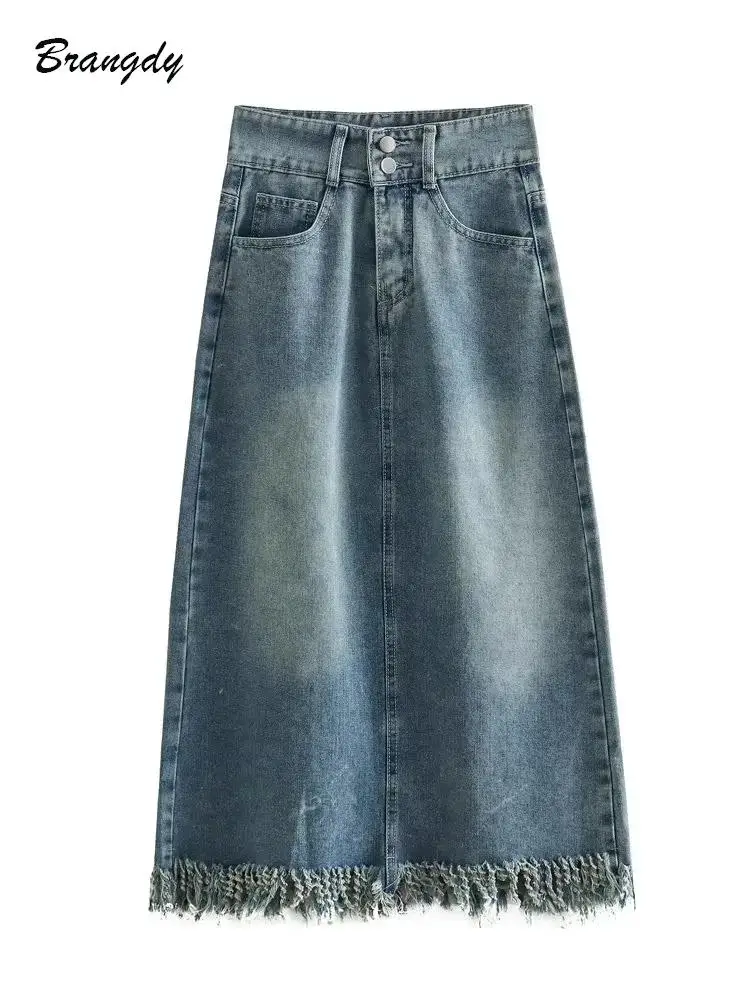 

Женская джинсовая юбка с кисточками Za, синяя однотонная длинная юбка трапециевидной формы с карманами и высокой талией в стиле ретро, 2023