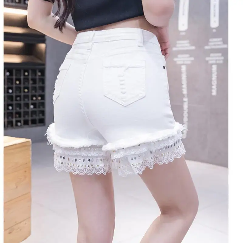 Casual Loose Jeans High Waist Pearl with Diamond Denim Shorts Women Summer Lace Female SequinTassel Denim Hot Pants Clothing