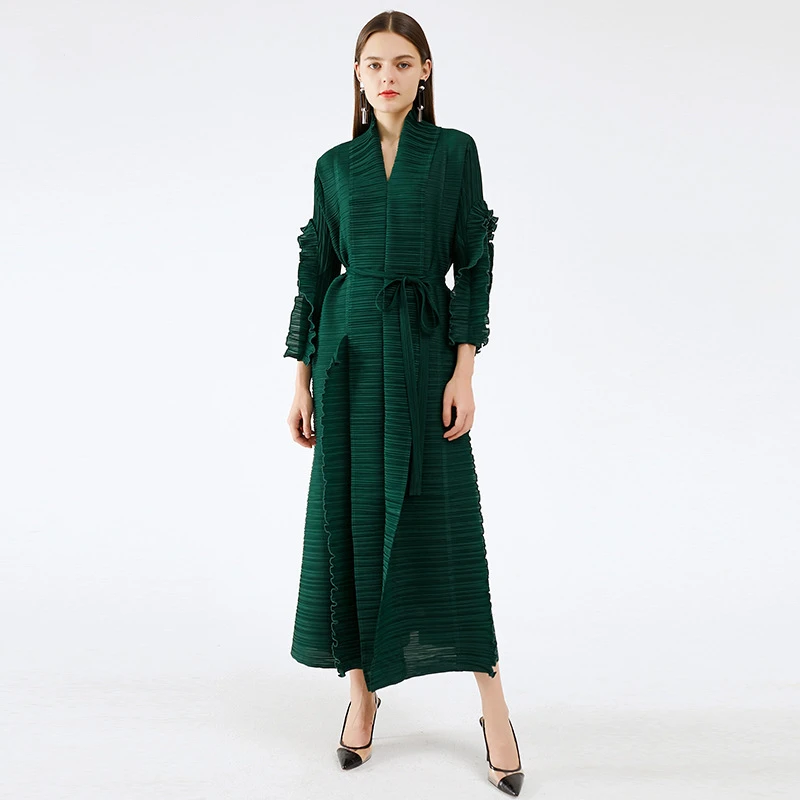 

Miyake Pleated Coat Solid Full Sleeve V-neck Long Belt Dress 2022 New Autumn Fashion Women's Loose Elegant Designer Clothing