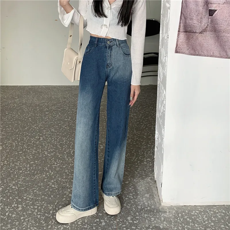 

Джинсы DD1635 женские новые градиентные свободные прямые широкие брюки с высокой талией джинсы