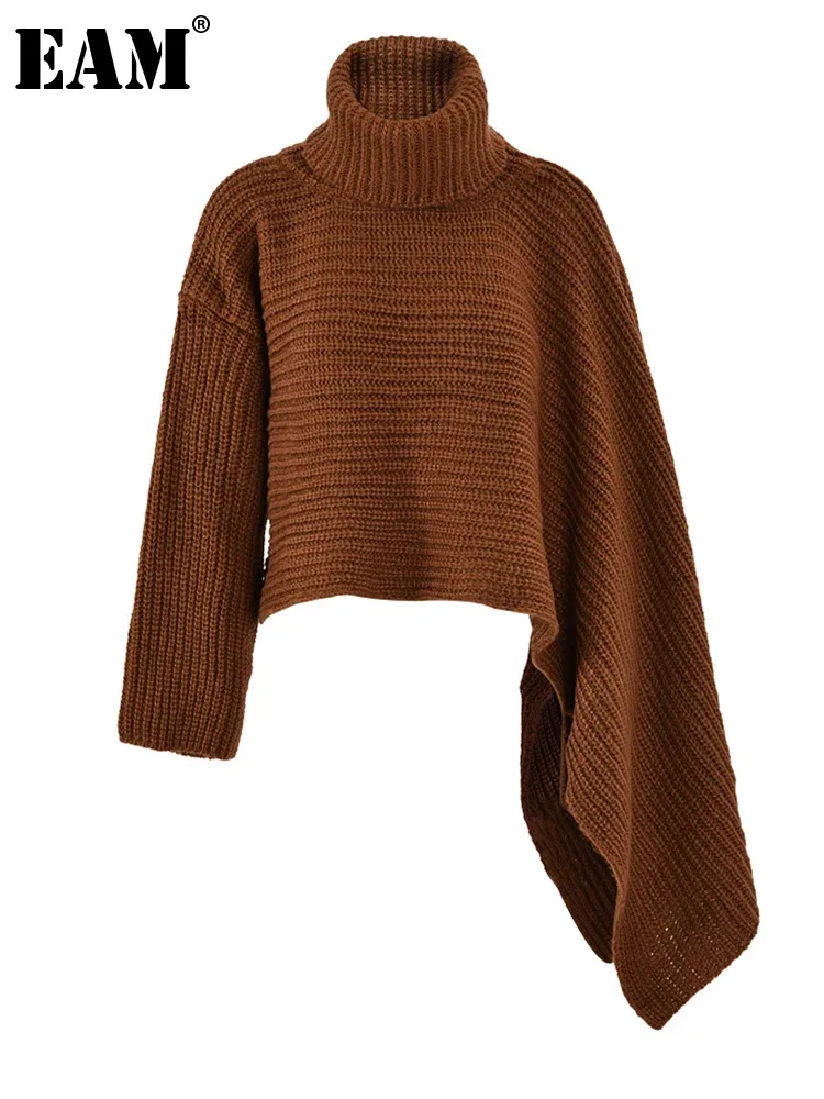 

[EAM] Yellow Irregular Big Size Knitting Sweater Turtleneck Long Sleeve Women Pullovers New Fashion Spring Autumn 2023 WJ03816