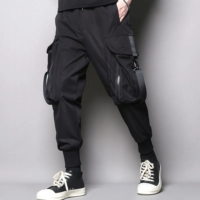 Men's Fashion Korean Leggings Japanese Personalized Buckle Webbing Splicing Overalls Casual Cropped Leggings