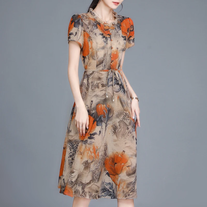 

Женское платье из шелка тутового шелкопряда, свободное праздничное платье с круглым вырезом и коротким рукавом, лето 2023