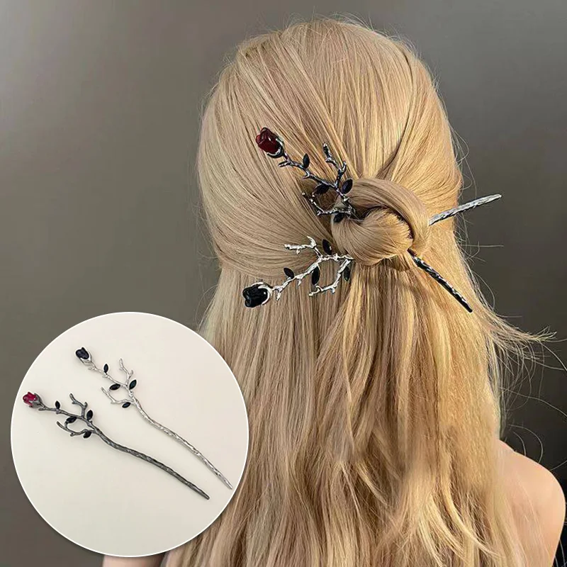 

Girl Hair Chopstick Disk Hairstick Headdress Simple Flower Black Red Hairpin Vintage Rose Hair Sticks Hairwear for Women Jewelry