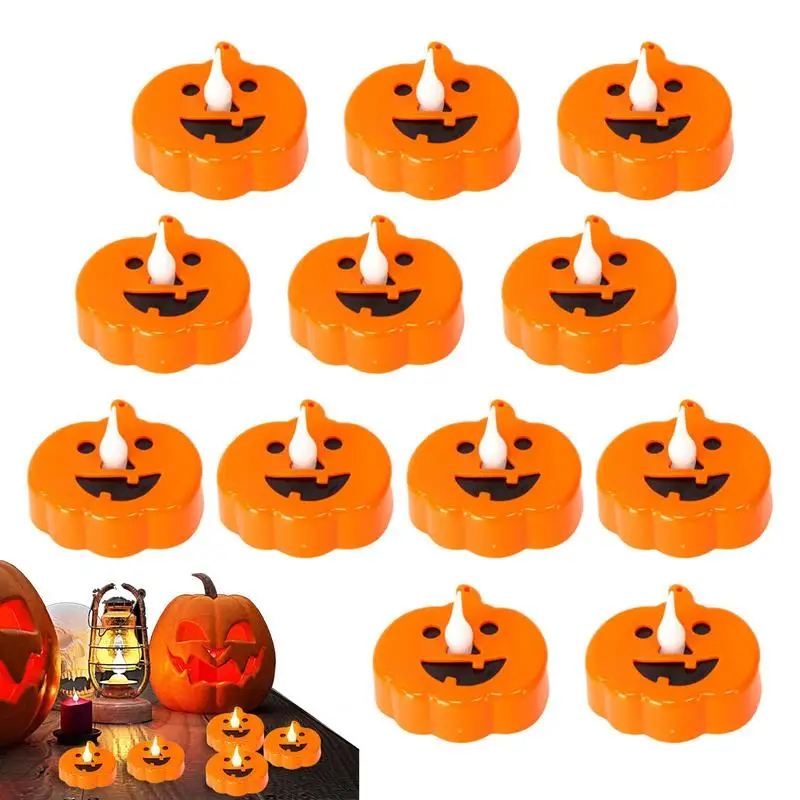 

Halloween LED Pumpkin Lights 12pcs Jack O'Lantern Battery Operated Lamps Orange Flameless Candle Lights Flickering Pumpkin