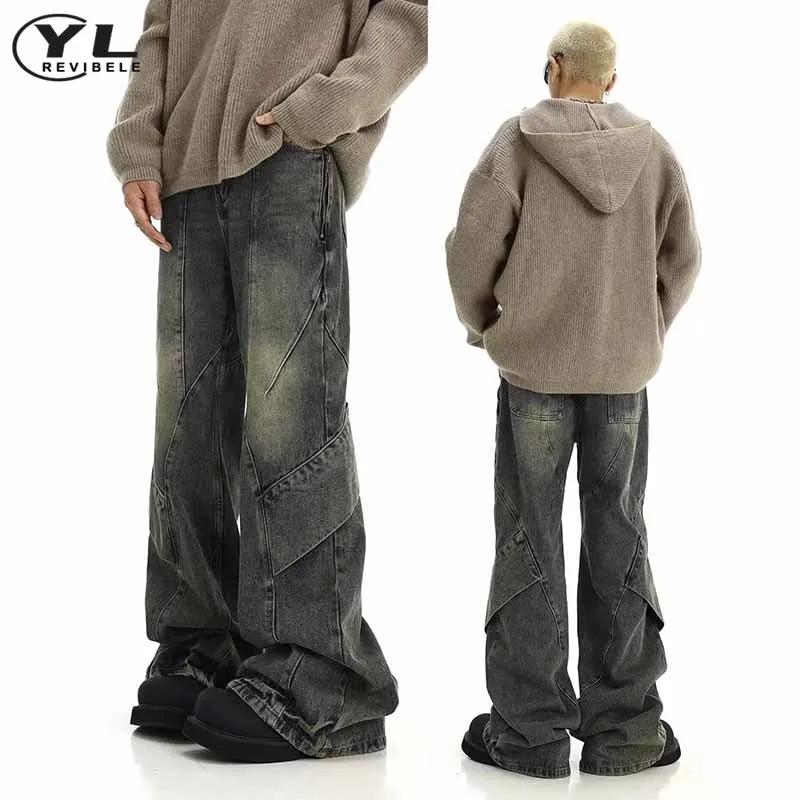 Джинсы мужские Асимметричные в стиле пэчворк винтажные прямые джинсовые брюки