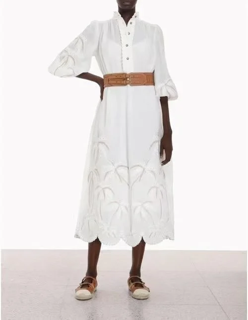 

Preorder Hollow Out Embroidered White Midi Dress 2022 Women's New Summer Stand Collar Slim Waist Clothing