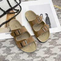 2022 new summer mens cork slippers suede leather mule clogs slippers man soft cork two buckle beach slides footwear for men 45