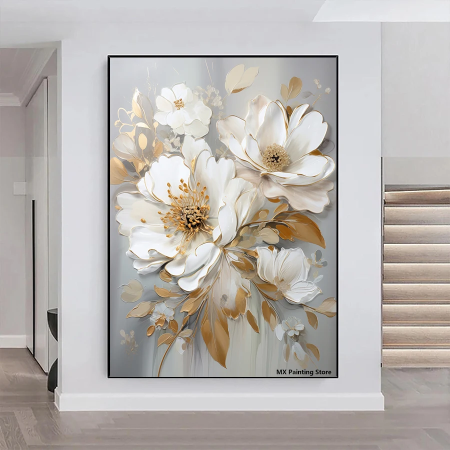 Абстрактная картина на холсте с белым цветком и сусальным золотом цветочные