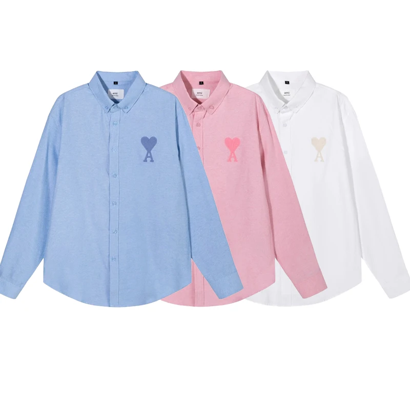 

2023 Summer Men Women Single-breasted Shirt Heart Embroidered Polyester Lapel Buttons Long Sleeve Solid Couple Casual Shirts