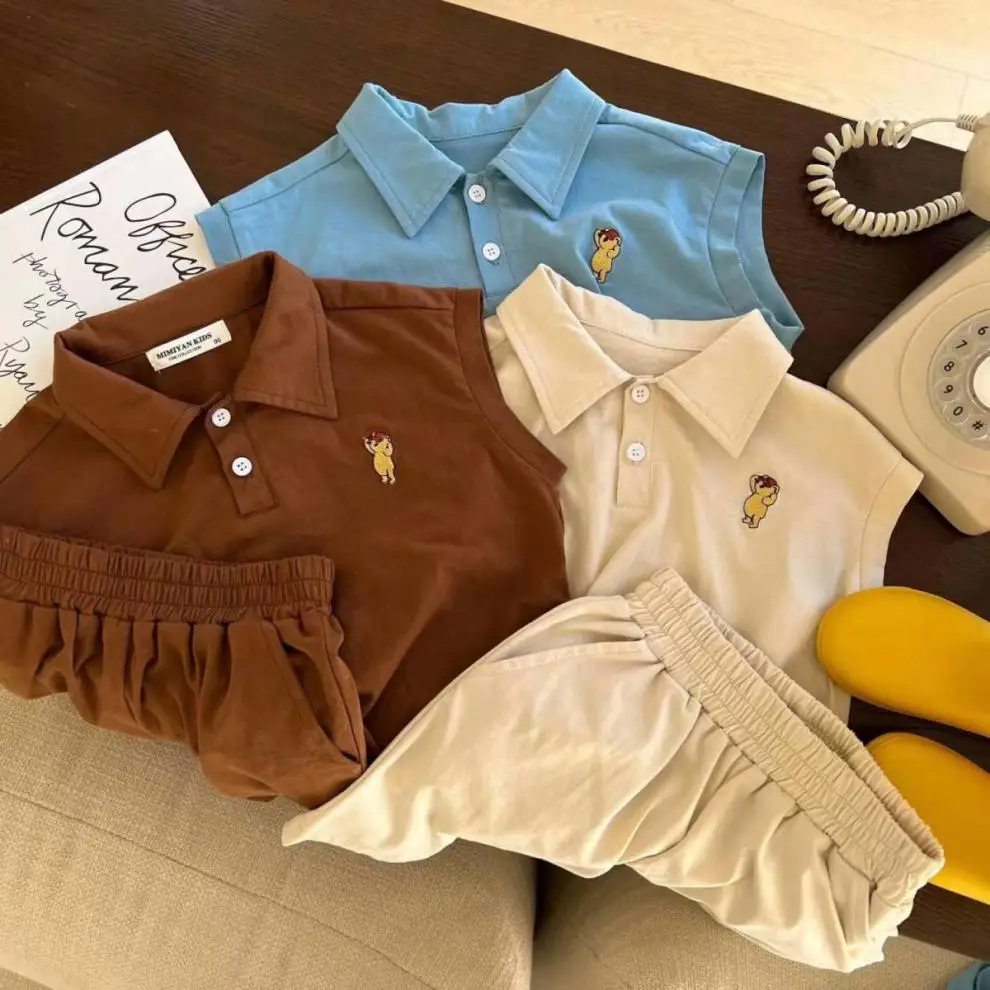 

Summer Boy Girl Baby Cartoon Embroidery Vest Suit Children Cotton Sleeveless Tops + Solid Shorts 2pcs Kid Casual Waistcoat Set