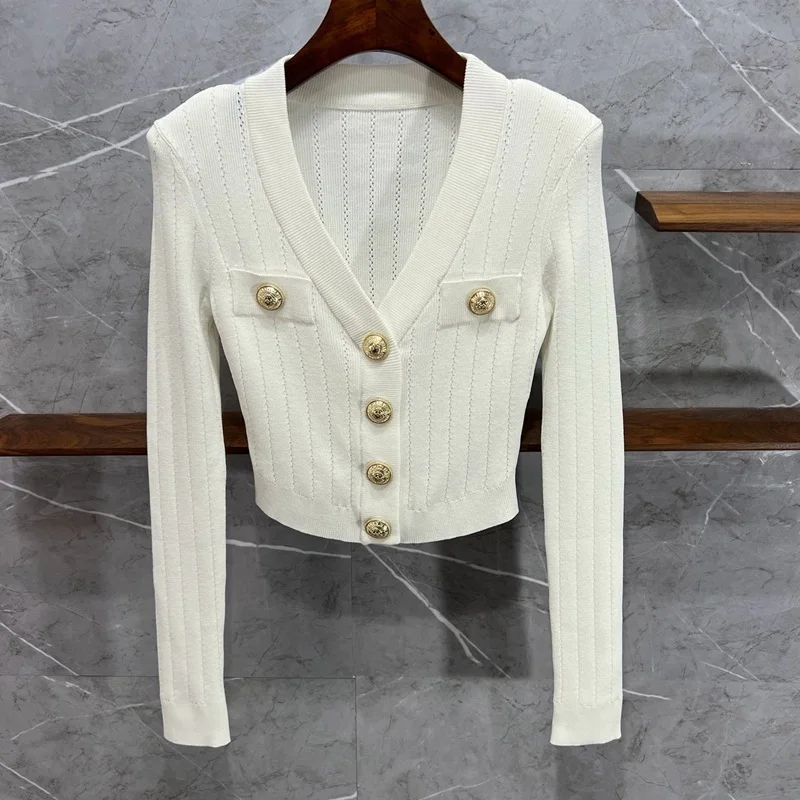 High Quality Knitted Cardigans 2022 Autumn Winter Knitwear Women V-Neck Big Button Deco Long Sleeve Casual White Black Tops Coat