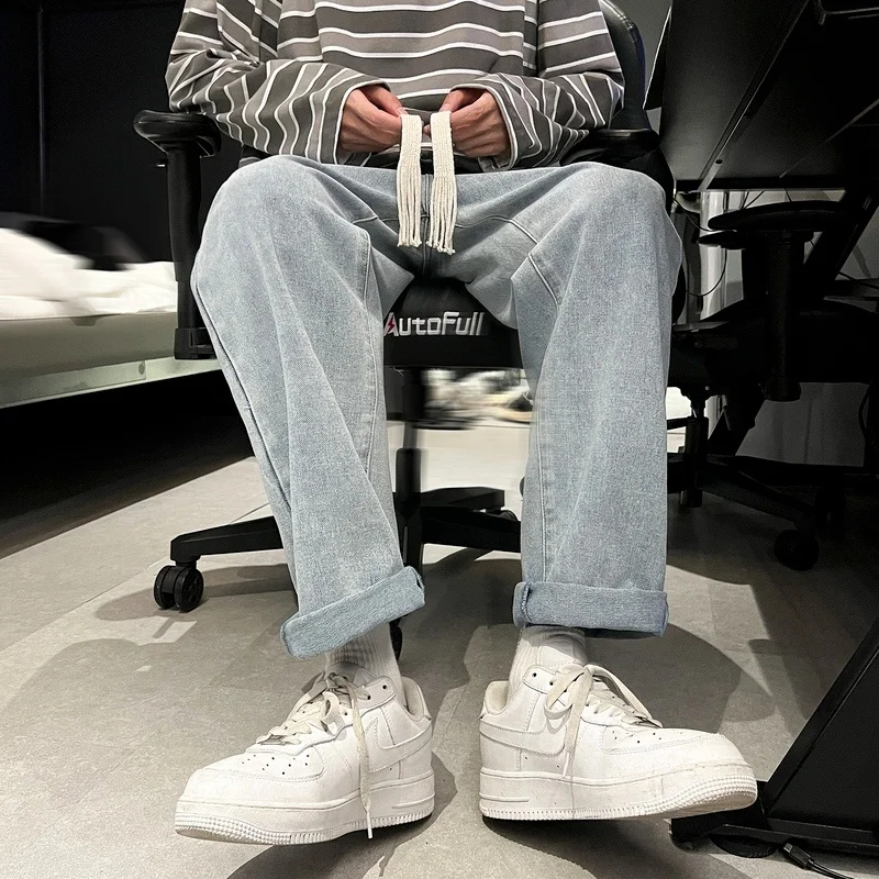 3-color Baggy Jeans Men Fashion Drawstring Retro Straight Jeans Men Japanese Streetwear Hip Hop Loose Denim Pants Mens Trousers