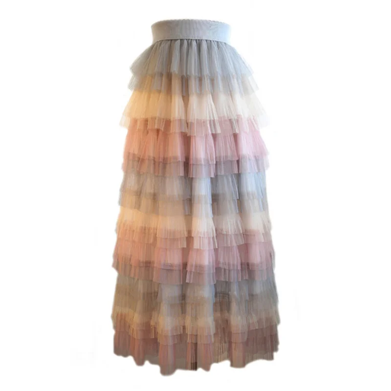 

2023 Spring Summer Fairy Layered Gauze Long Skirts Elastic Waist Candy Multi-color Tiered Mesh Tulle Mid-Calf Long Skirts