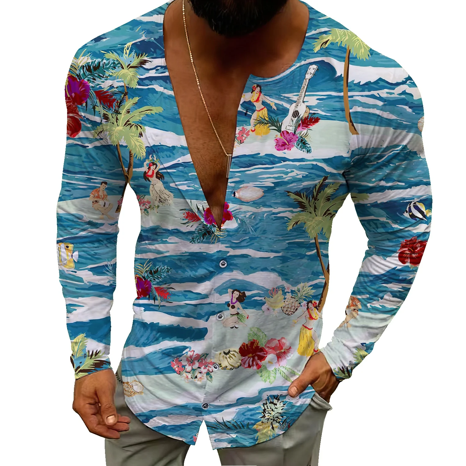 

2022T-shirts Men new foreign trade men's summer long-sleeved men's T-shirt trend fruit leaf print all-match shirt