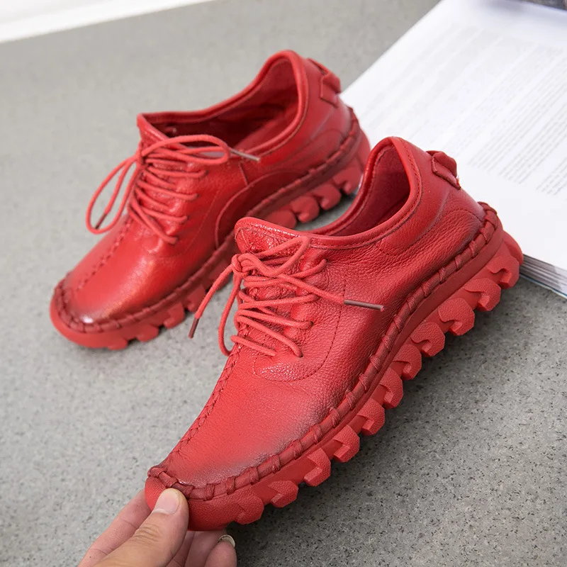 

2022 spring and autumn new soft-soled shoes women's plus size leather women's shoes lace up handmade casual red shoes