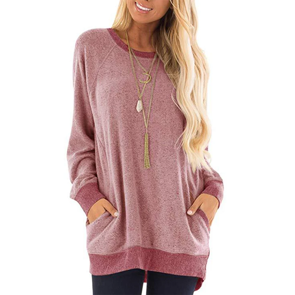 Women’s Long Sleeve Solid Round Neck Pullover Casual Sweatshirt
