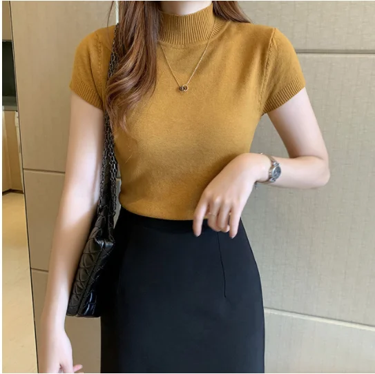 2022 New Casual Knitted Women Tops Women Clothing Blusas Summer Solid Slim Turtleneck Blouse Fashion Chic Korean Clothes