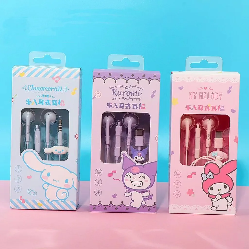 

Новинка Sanrio аниме Kuromi Cinnamoroll Mymelody 3,5 мм Проводная гарнитура наушники Kawaii полунаушники спортивные музыкальные наушники Рождественский подарок