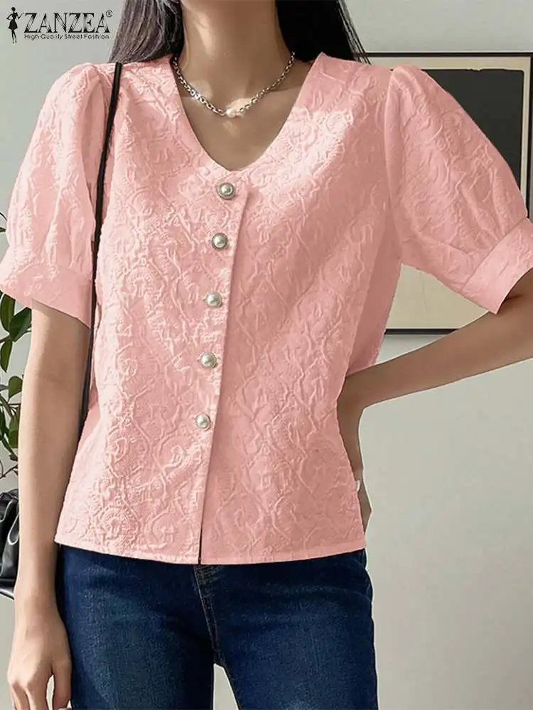 

Корейский модный однобортный Топ ZANZEA, праздничные винтажные рубашки 2023, летние текстурированные блузки, рубашка с коротким пышным рукавом и круглым вырезом