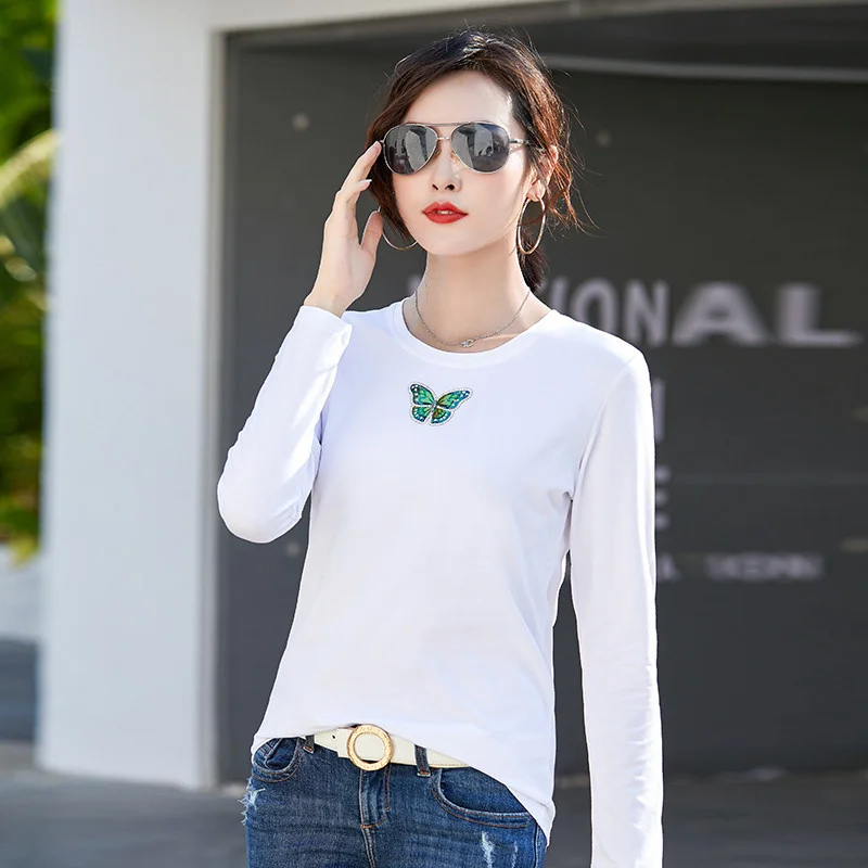 

Белая футболка с длинным рукавом, женский популярный светоотражающий Топ со стразами и Зеленой Бабочкой, корейский женский свободный топ, х...