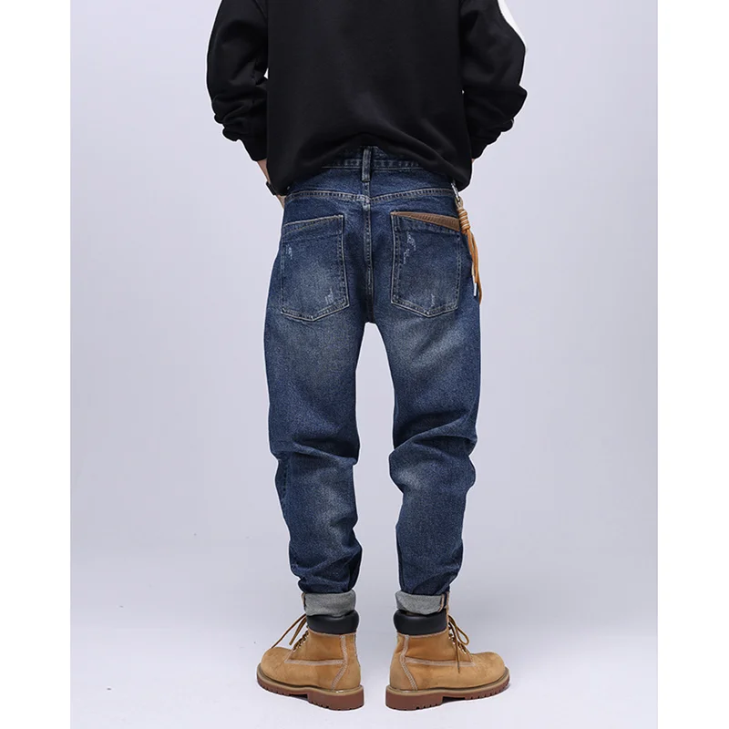 Streetwear Men New Pattern American Vintage Blue Jeans Straight Cylinder Loose Elastic Force Street Trousers Autumn Female Sex