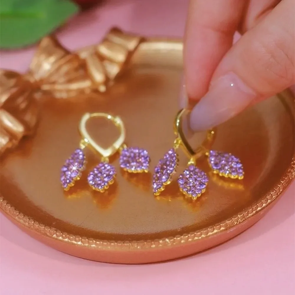 Фиолетовые серьги-гвоздики Три жизни с тремя листьями женские дизайнерские